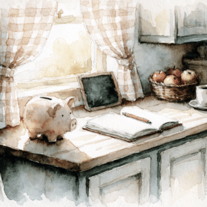 A cozy kitchen scene with a piggy bank, open notebook, pencil, tablet, basket of apples, and a cup on a sunlit counter by a window with checkered curtains.