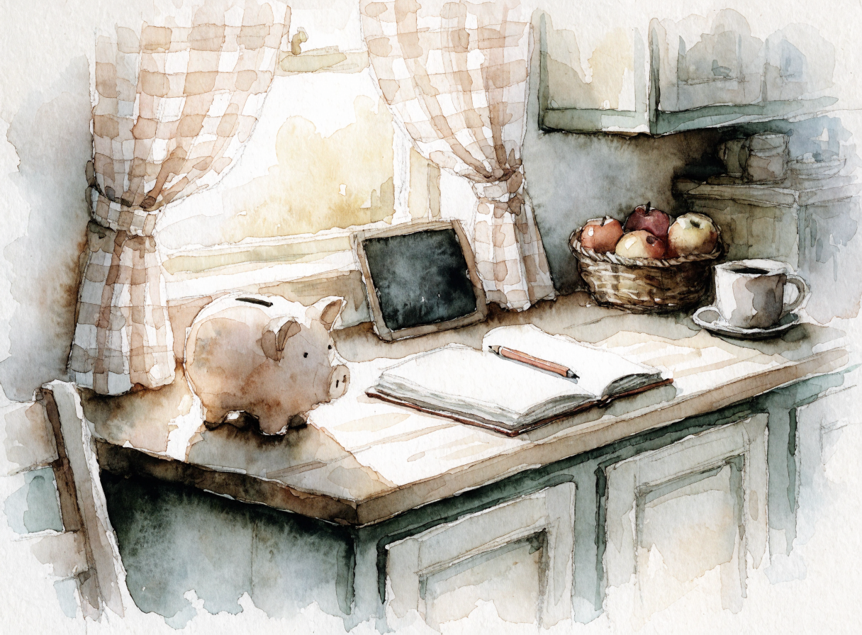 A cozy kitchen scene with a piggy bank, open notebook, pencil, tablet, basket of apples, and a cup on a sunlit counter by a window with checkered curtains.