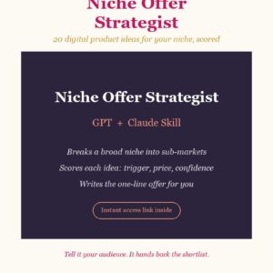 Niche Offer Strategist: 20 Digital Product Ideas, Scored (GPT + Claude Skill) - cover