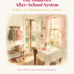 A cozy kitchen with sunlight streaming in, a table set for snacks, pink-checked curtains, and a corner with backpacks and jackets hanging up. Text: The Homefire After-School System and other promotional details.