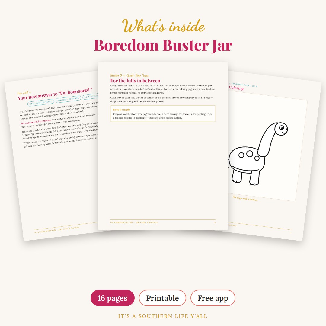 What's inside Boredom Buster Jar: 16 Printable Activity Pages for Kids + App - sample pages