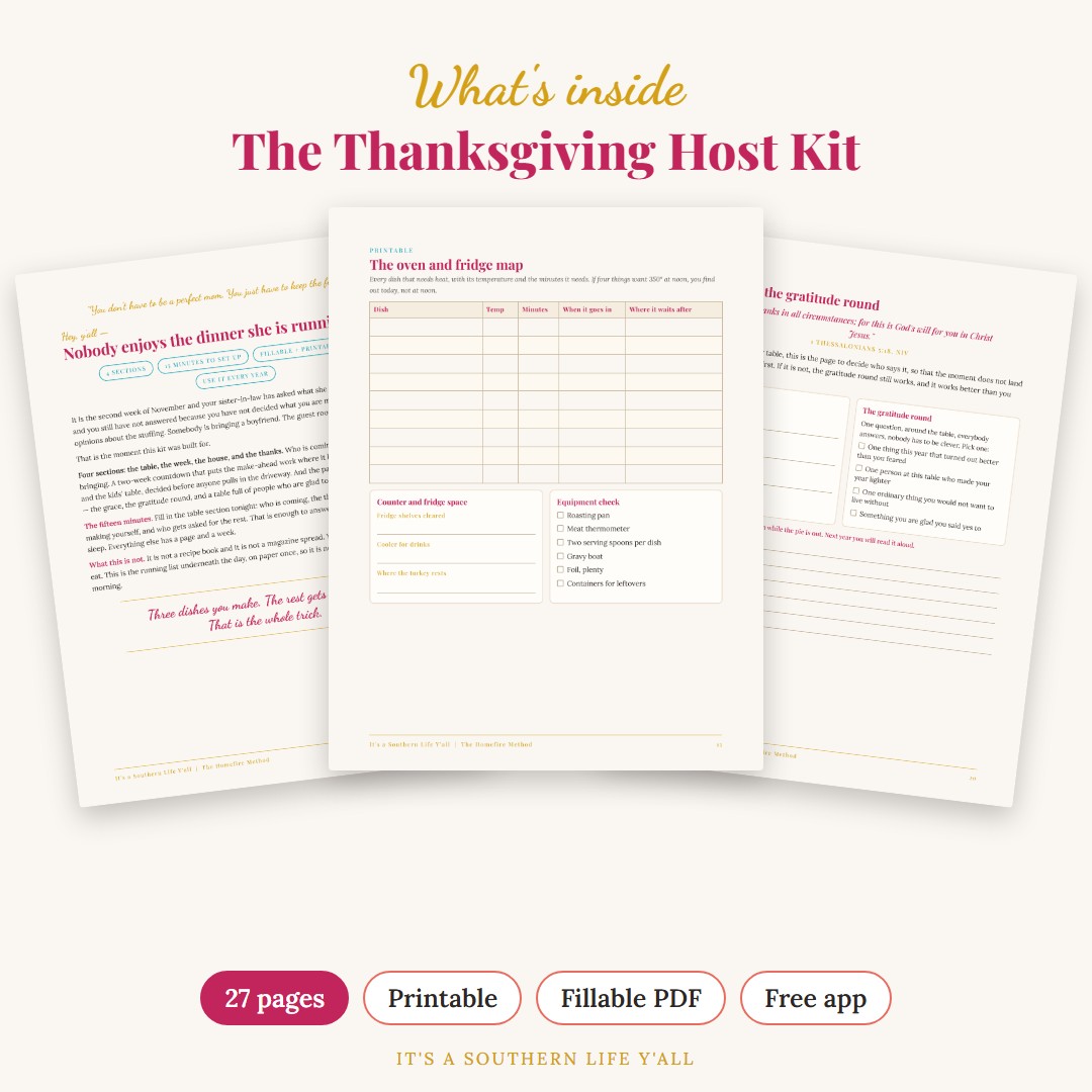 Three sample pages from a Thanksgiving Host Kit are displayed above text saying, Whats inside The Thanksgiving Host Kit. Icons below indicate 27 pages, printable, fillable PDF, and free app.