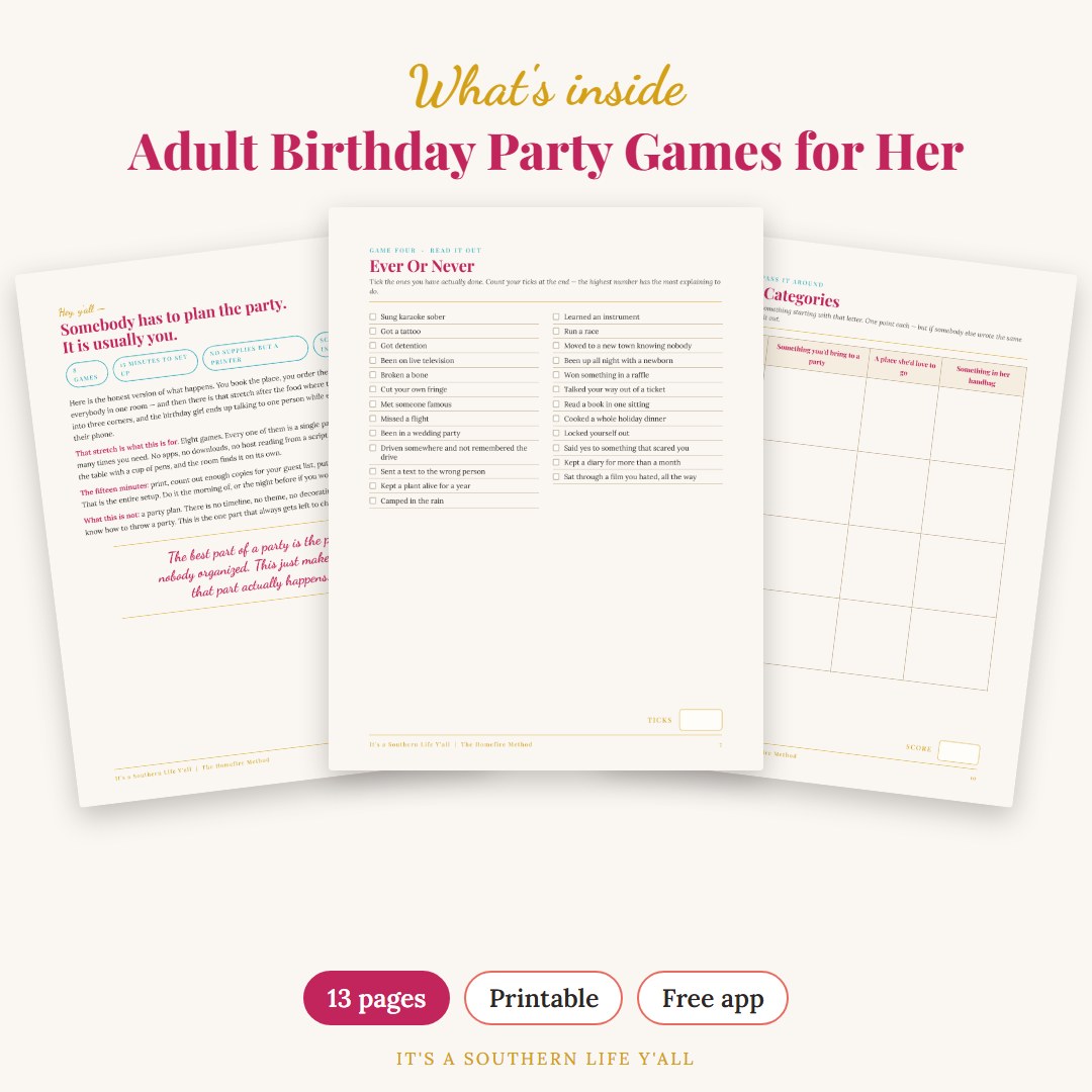 What's inside Adult Birthday Party Games for Her: 8 Printable Games (13 pages) - sample pages