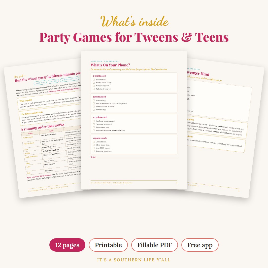 What's inside Birthday Party Games for Tweens & Teens: 8 Printable Games + Free App (Ages 11–15) - sample pages