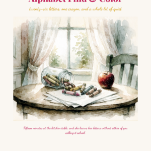 A watercolor illustration of crayons and a red apple on a wooden table by a window, with text promoting an alphabet-themed kids coloring activity.