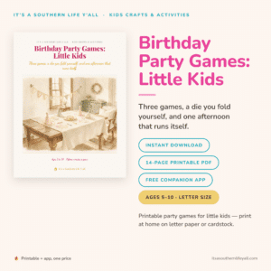 Digital flyer for Birthday Party Games: Little Kids featuring pastel graphics, game info, and printable/download options for ages 5–10. Includes buttons for instant download, PDF details, and a free companion app.