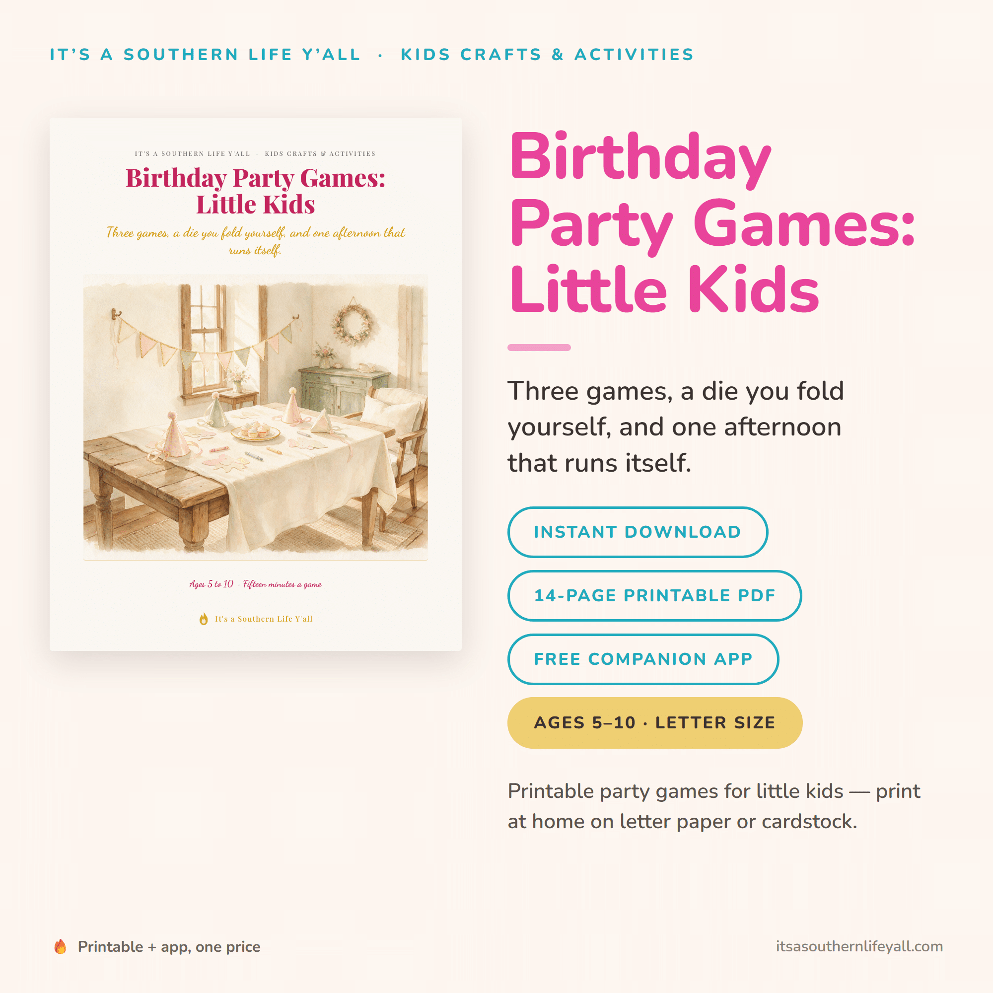 Digital flyer for Birthday Party Games: Little Kids featuring pastel graphics, game info, and printable/download options for ages 5–10. Includes buttons for instant download, PDF details, and a free companion app.