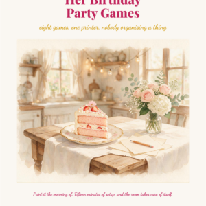 A table with a floral cake, flowers in a vase, and fairy lights, in a cozy room. Text reads: Her Birthday Party Games - eight games, one printer, nobody organising a thing..