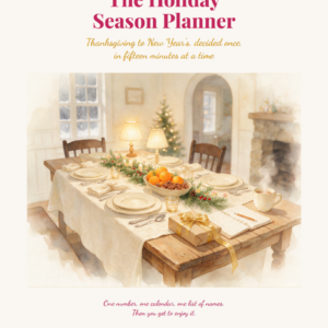 A cozy dining table set for a holiday meal with candles, pinecones, and greenery, under text promoting The Holiday Season Planner for organizing Thanksgiving to New Years celebrations.