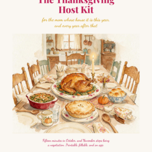 A watercolor of a Thanksgiving table with a roast turkey, side dishes, plates, cups, and flowers. Text above reads, The Thanksgiving Host Kit. Additional details appear at the top and bottom of the image.