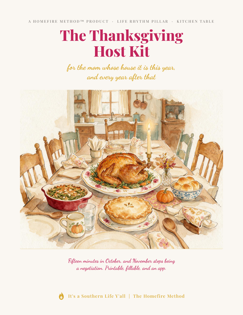 A watercolor of a Thanksgiving table with a roast turkey, side dishes, plates, cups, and flowers. Text above reads, The Thanksgiving Host Kit. Additional details appear at the top and bottom of the image.