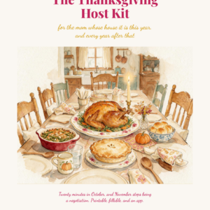 A watercolor illustration of a Thanksgiving meal, featuring a roasted turkey, pies, mashed potatoes, and side dishes arranged on a set dining table with floral china and cups.