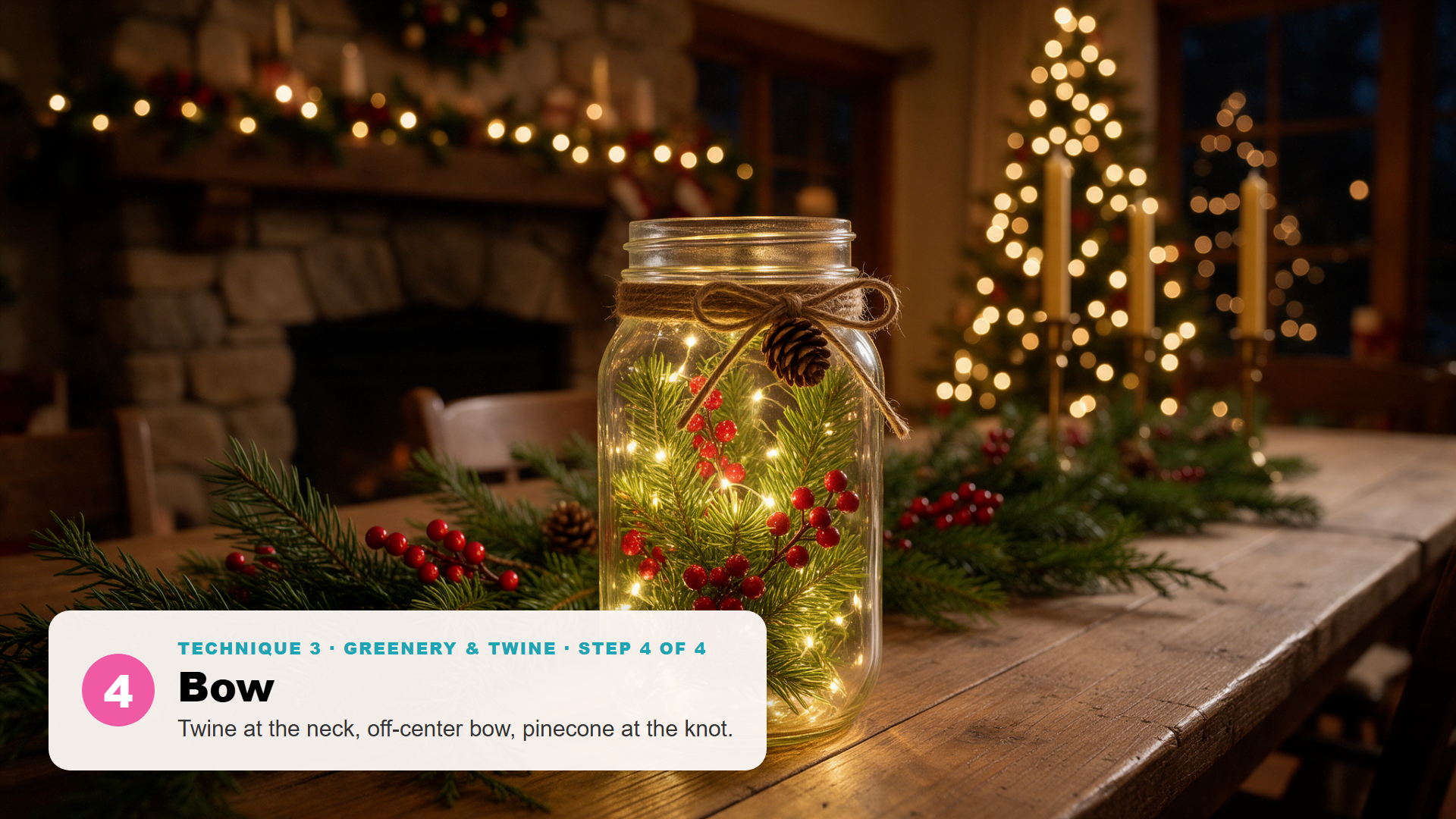 Mason jar craft with lights: a clear jar filled with faux pine, red berries and fairy lights, finished with a jute bow and a pinecone