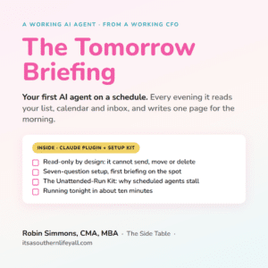 A promotional graphic for The Tomorrow Briefing AI agent, featuring benefits like scheduled pages, Claude plugin, setup kit, and author Robin Simmons contact info. Colors are pink, yellow, and white.