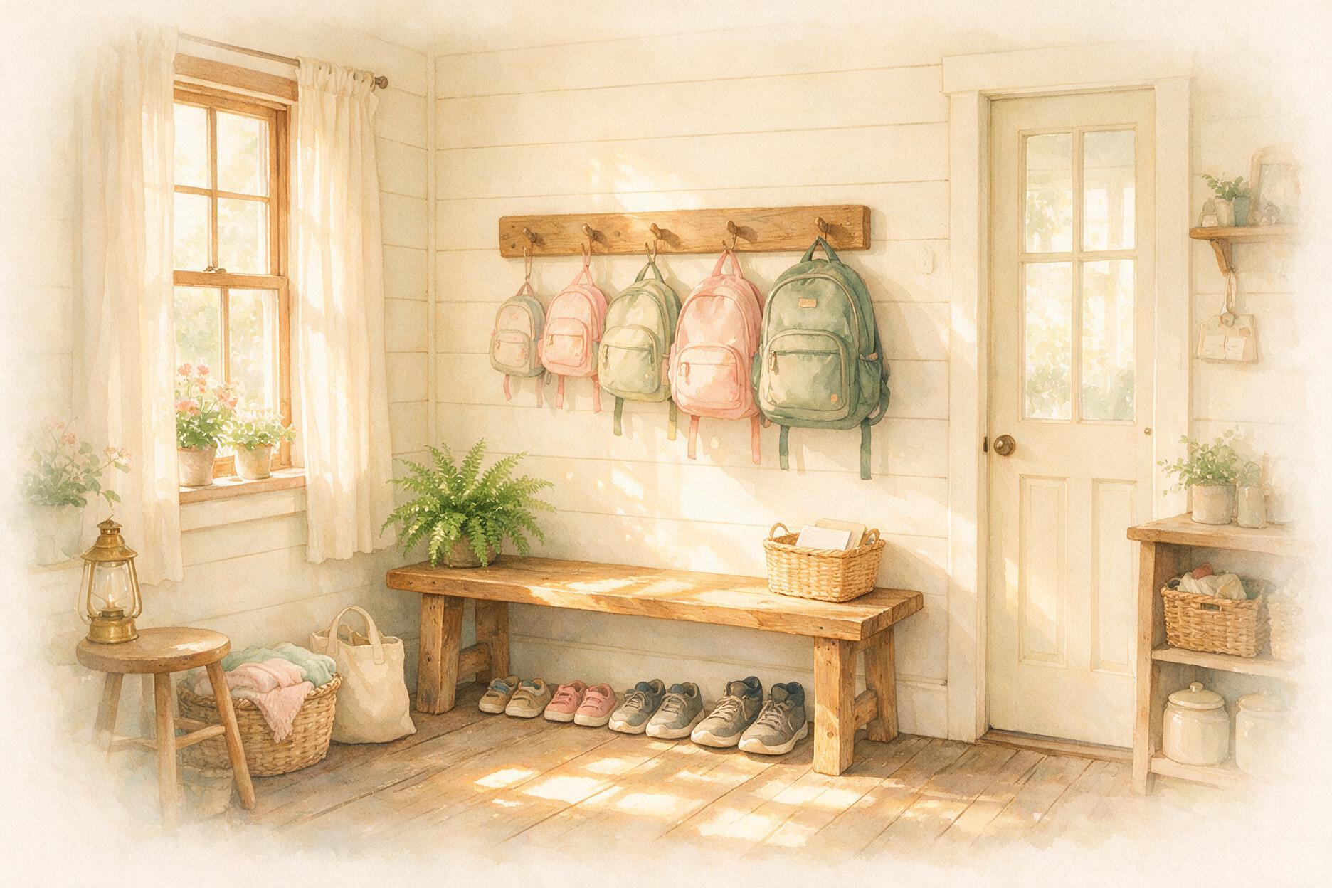 After-school routine chart age by age: five backpacks in graduated sizes on hooks with shoes from toddler to teen lined up under a mudroom bench, watercolour