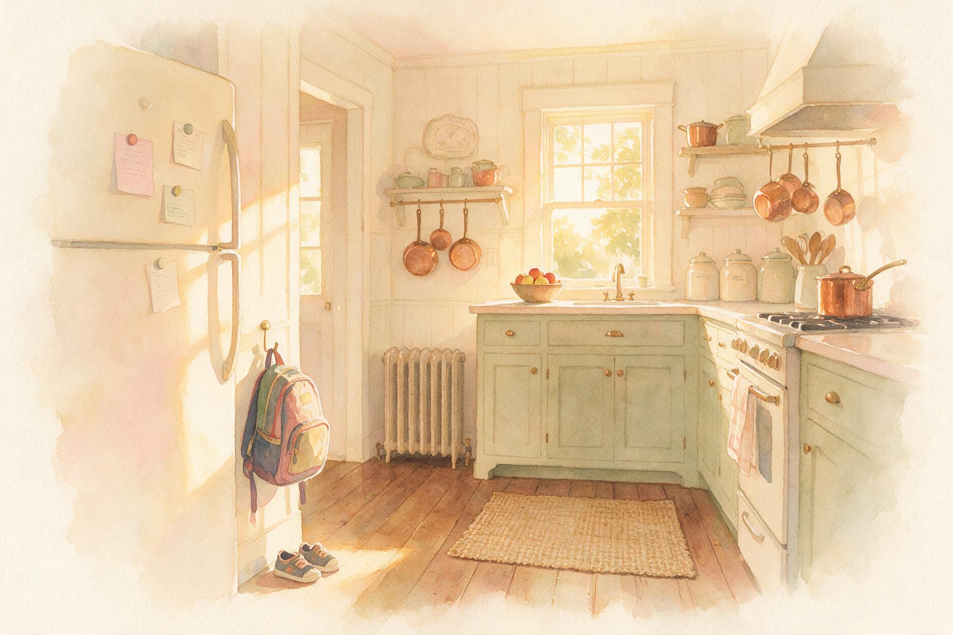 Free printable after-school routine chart for kids: three cards on a farmhouse fridge door beside a school backpack and sneakers, watercolour