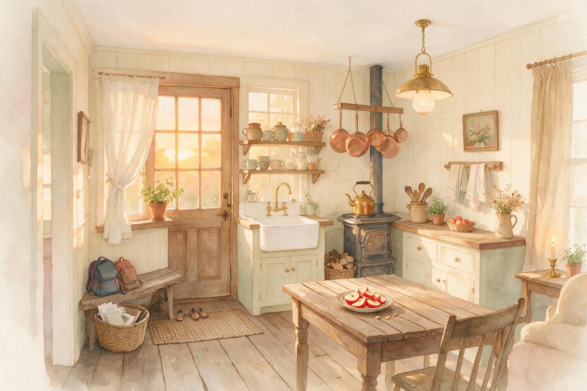 Watercolour of a farmhouse back door with two school backpacks on a bench, shoes beneath it and a basket of school papers - the after-school landing zone.