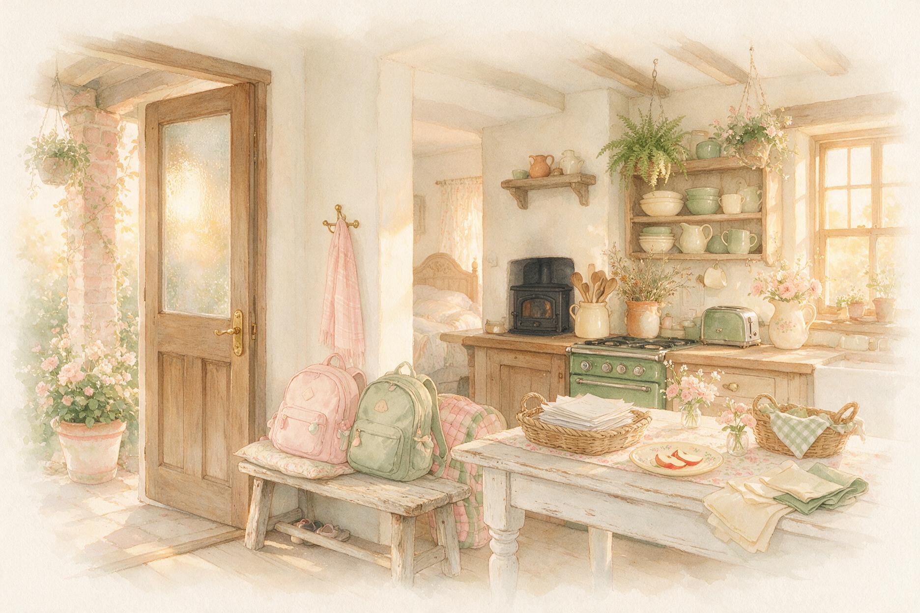 Watercolour of a pink and a green school backpack on a bench by a cottage door, with a basket of papers and apple slices on the kitchen table.