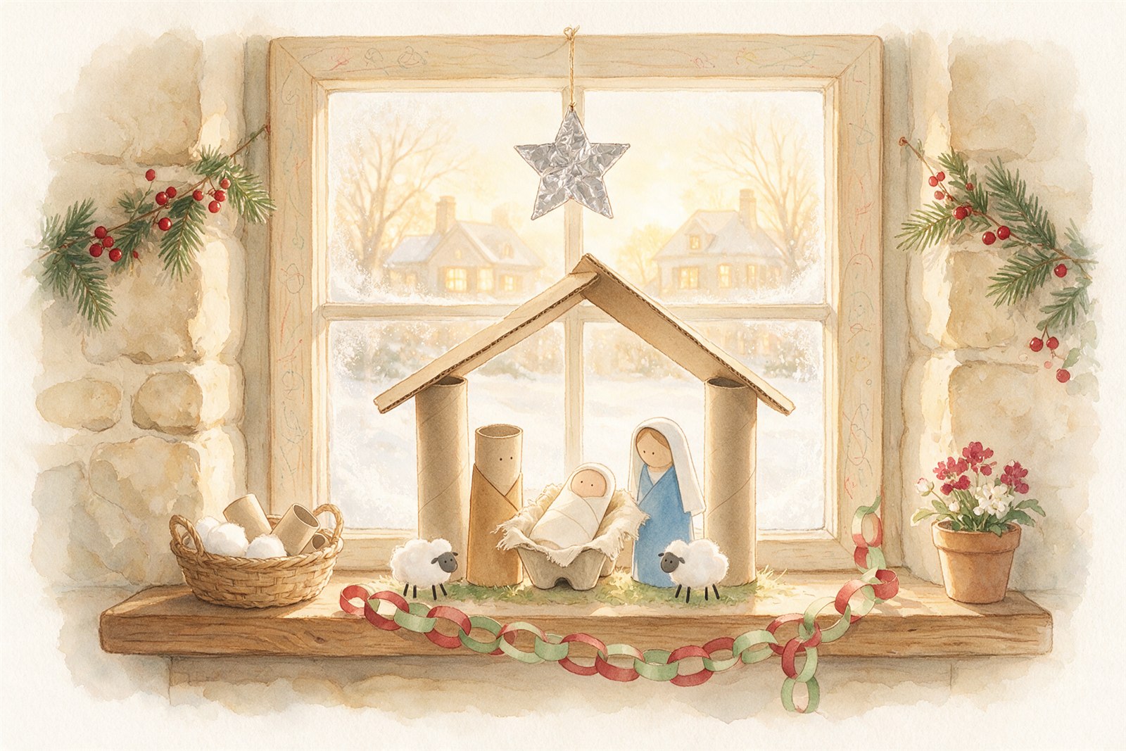 Cardboard-tube nativity Christmas craft for kids on a windowsill: tube figures in paper robes, an egg-carton manger, cotton-ball sheep, a foil star and a paper chain