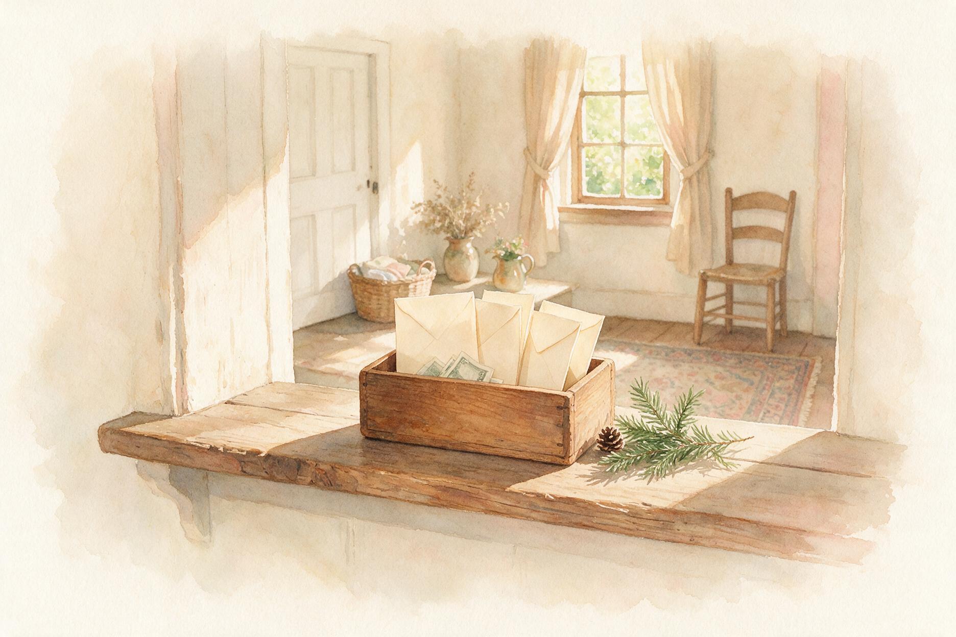 Four cream envelopes in a wooden box for a Christmas budget, one each for gifts, food, travel and the one more thing, with an evergreen sprig and a pinecone