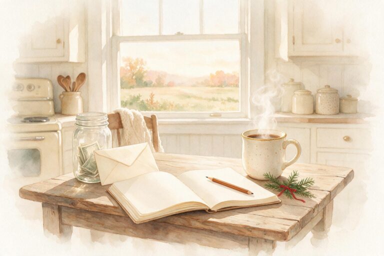 Christmas on a budget planning in September: watercolour of a farmhouse kitchen table with a mason jar of cash, a cream envelope, an open notebook and a mug of coffee
