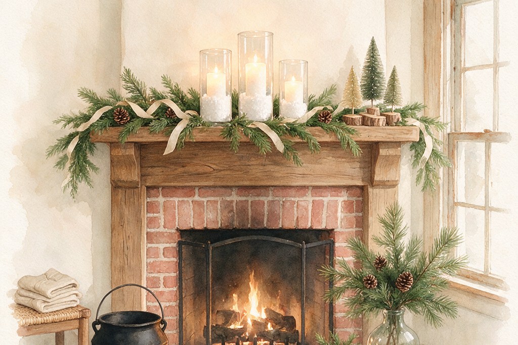 DIY Dollar Tree Christmas decor on a mantel: snowy candle trio, doubled pine garland with ribbon and pinecones, and bottle-brush trees on wood slices