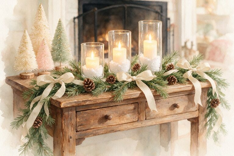 Dollar-store Christmas decor: three glass candle holders with faux snow, pine garland with cream ribbon and bottle-brush trees on a wooden table