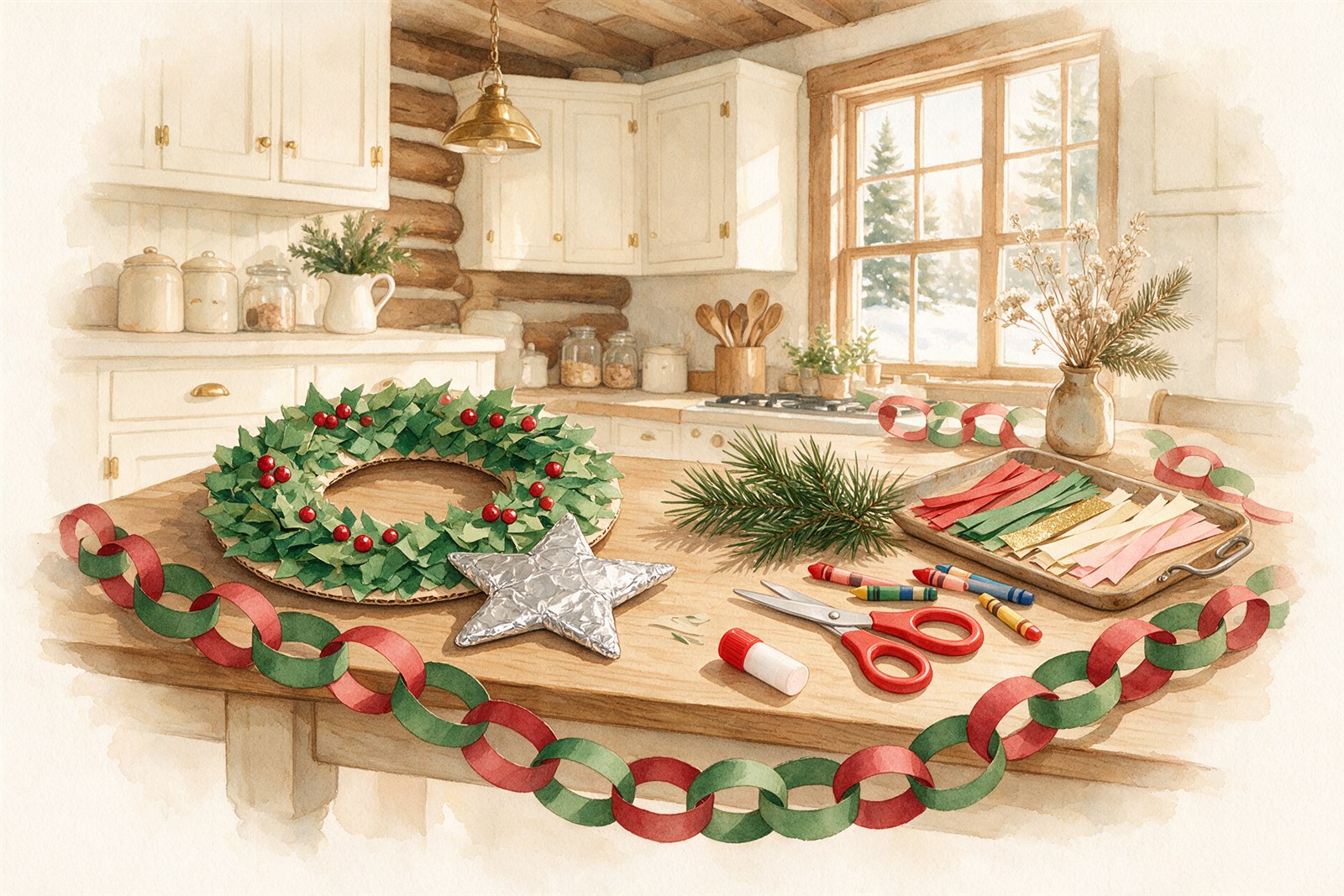 Easy Christmas crafts for kids on a farmhouse kitchen table: a torn-paper wreath on a paper plate, a foil star, a red and green paper chain, scissors, a glue stick and crayons