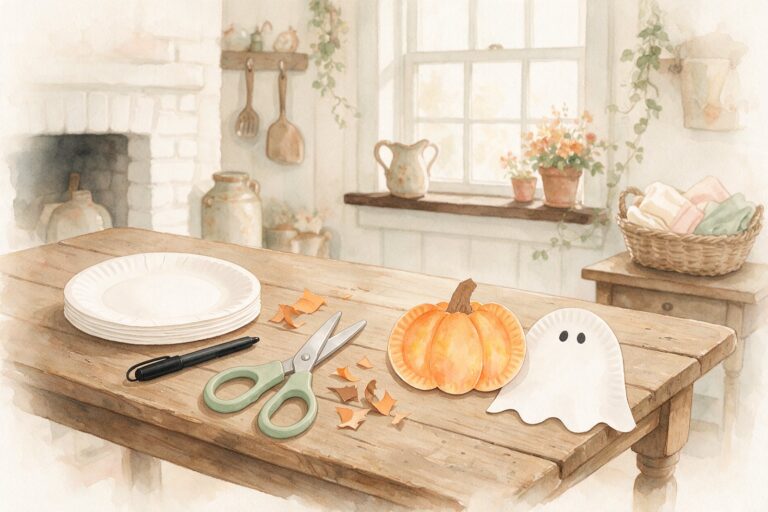 Easy Halloween crafts for kids: a paper-plate pumpkin and paper-plate ghost on a farmhouse kitchen table with plates, scissors and a marker