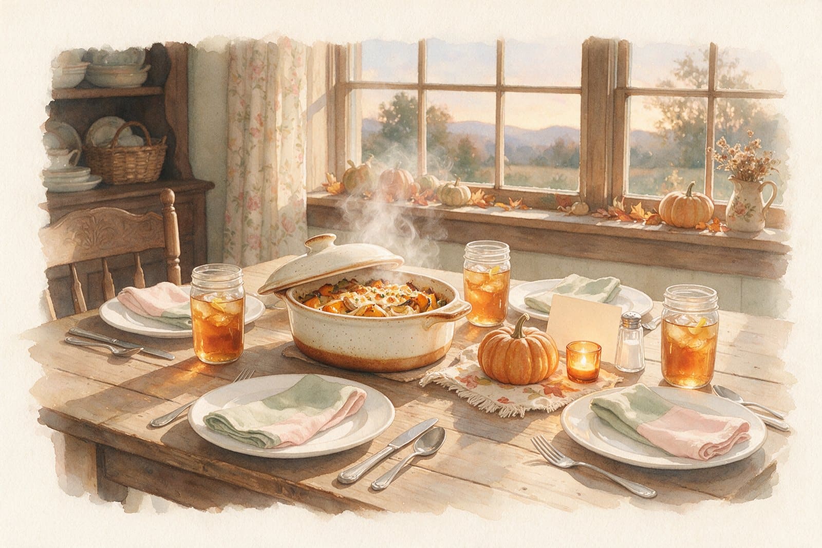 Family dinner conversation starters: watercolor of an October weeknight supper table with a casserole, sweet tea, a small pumpkin and a candle