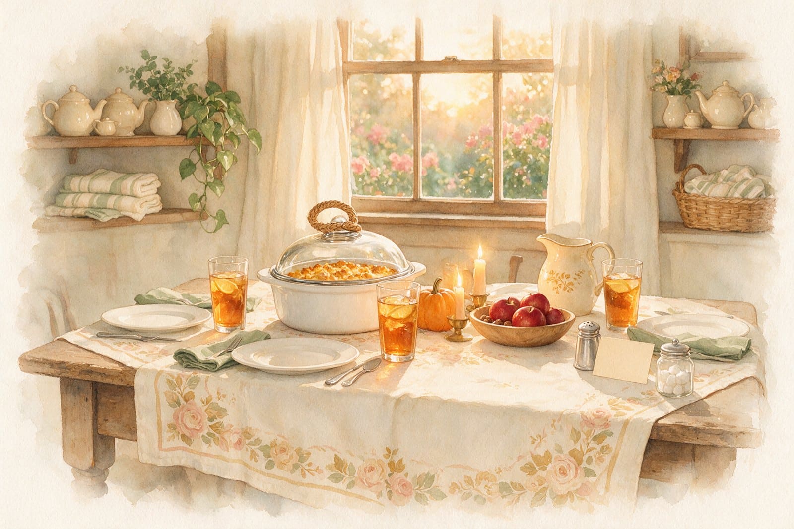 Farmhouse kitchen table set for a weeknight family dinner with a blank verse card propped by the salt shaker