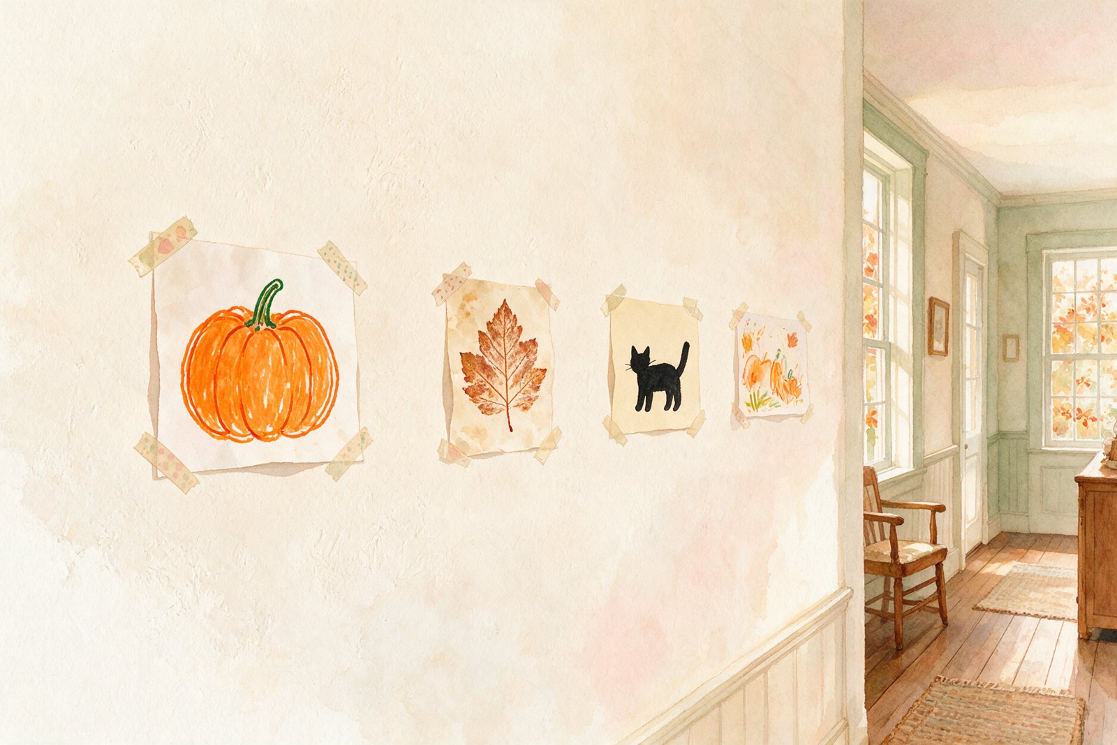 Kids' Halloween wall art: marker-outlined pumpkin, leaf, black cat and pumpkin patch drawings taped in a row down a hallway