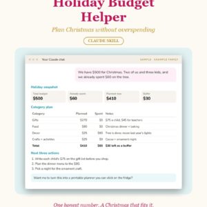 Holiday Budget Helper cover showing a sample chat with a 500 dollar Christmas budget