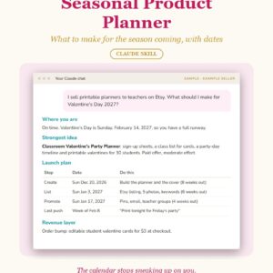 Seasonal Product Planner cover showing a sample chat with a dated Valentine's Day launch plan