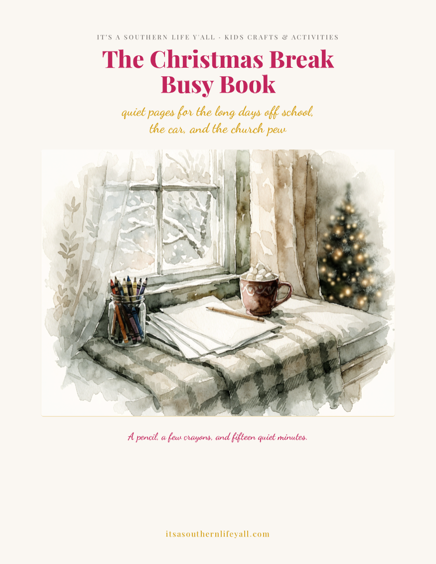 The Homefire Christmas Break Busy Book, a 47-page printable activity book for kids from It's a Southern Life Y'all