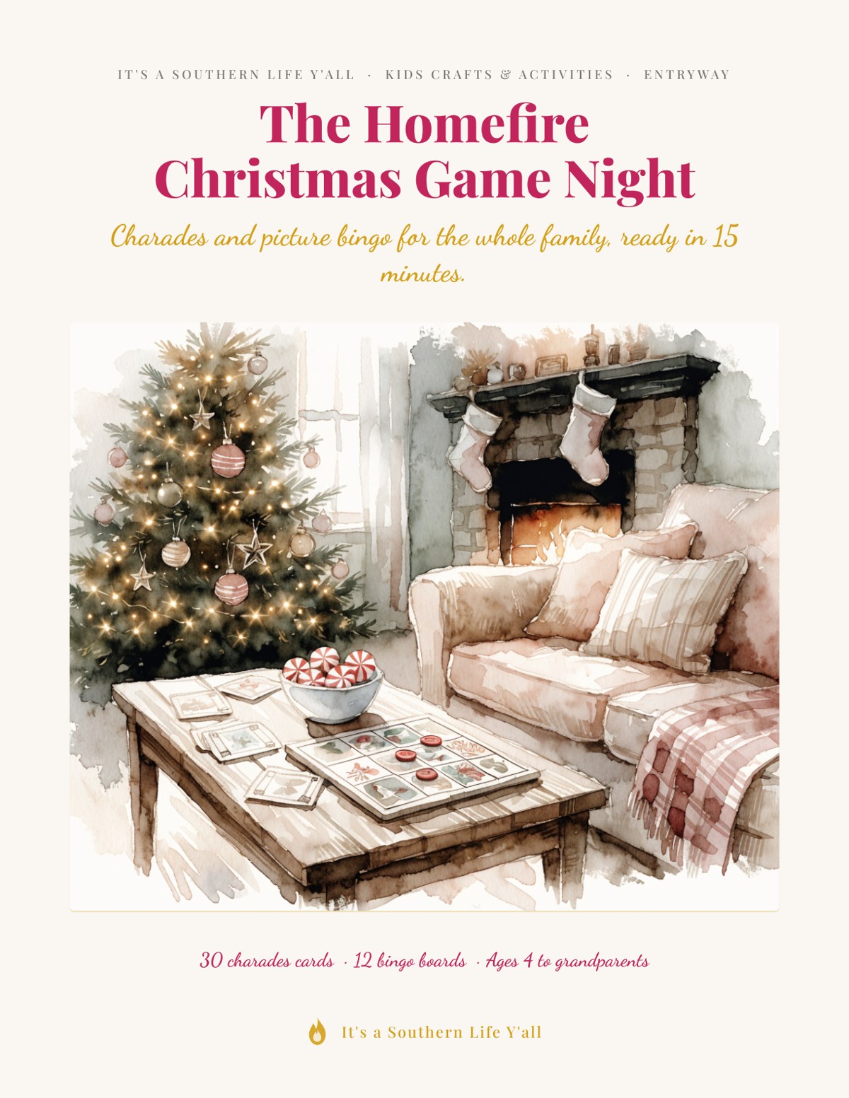 The Homefire Christmas Game Night, a 22-page printable of Christmas charades and picture bingo from It's a Southern Life Y'all