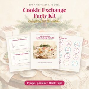 The Homefire Cookie Exchange Party Kit: the cover, the fill-in invitations and the take-home tags, fanned over a watercolor cookie table