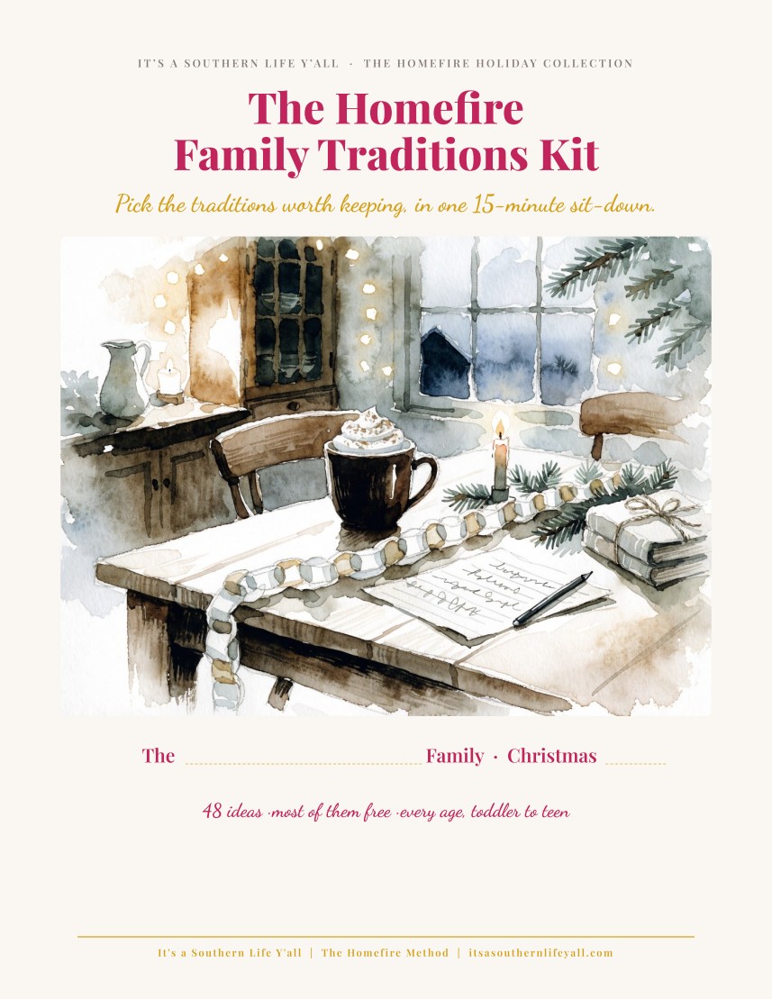 Cover of The Homefire Family Traditions Kit: a watercolor kitchen table with a paper chain, cocoa and a handwritten card