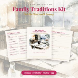 The Homefire Family Traditions Kit: the cover, a page of the tradition menu and the Memory Interview, fanned on a watercolor kitchen table