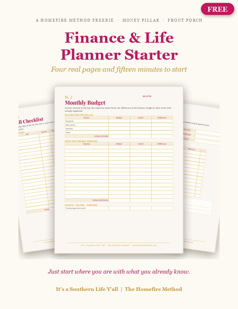 The free Finance & Life Planner Starter: the bill checklist, monthly budget and savings goal pages