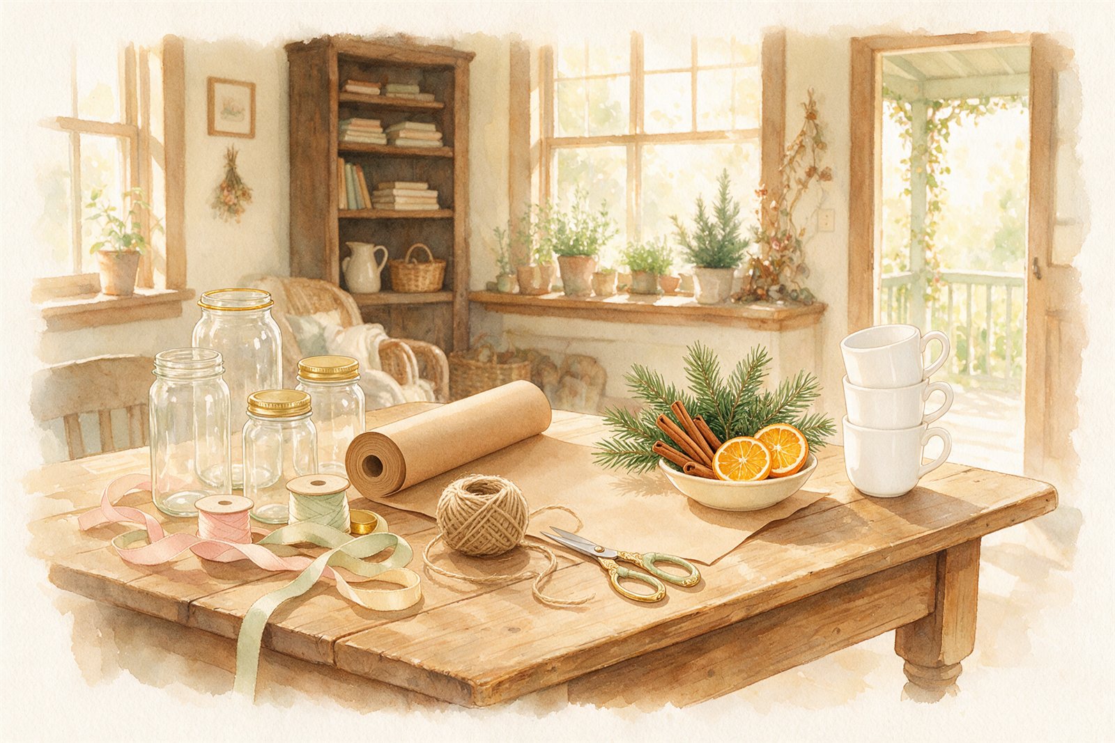 Dollar-store Christmas gift supplies on a farmhouse table: empty glass jars, ribbon, kraft paper, twine, scissors, plain mugs and pine sprigs