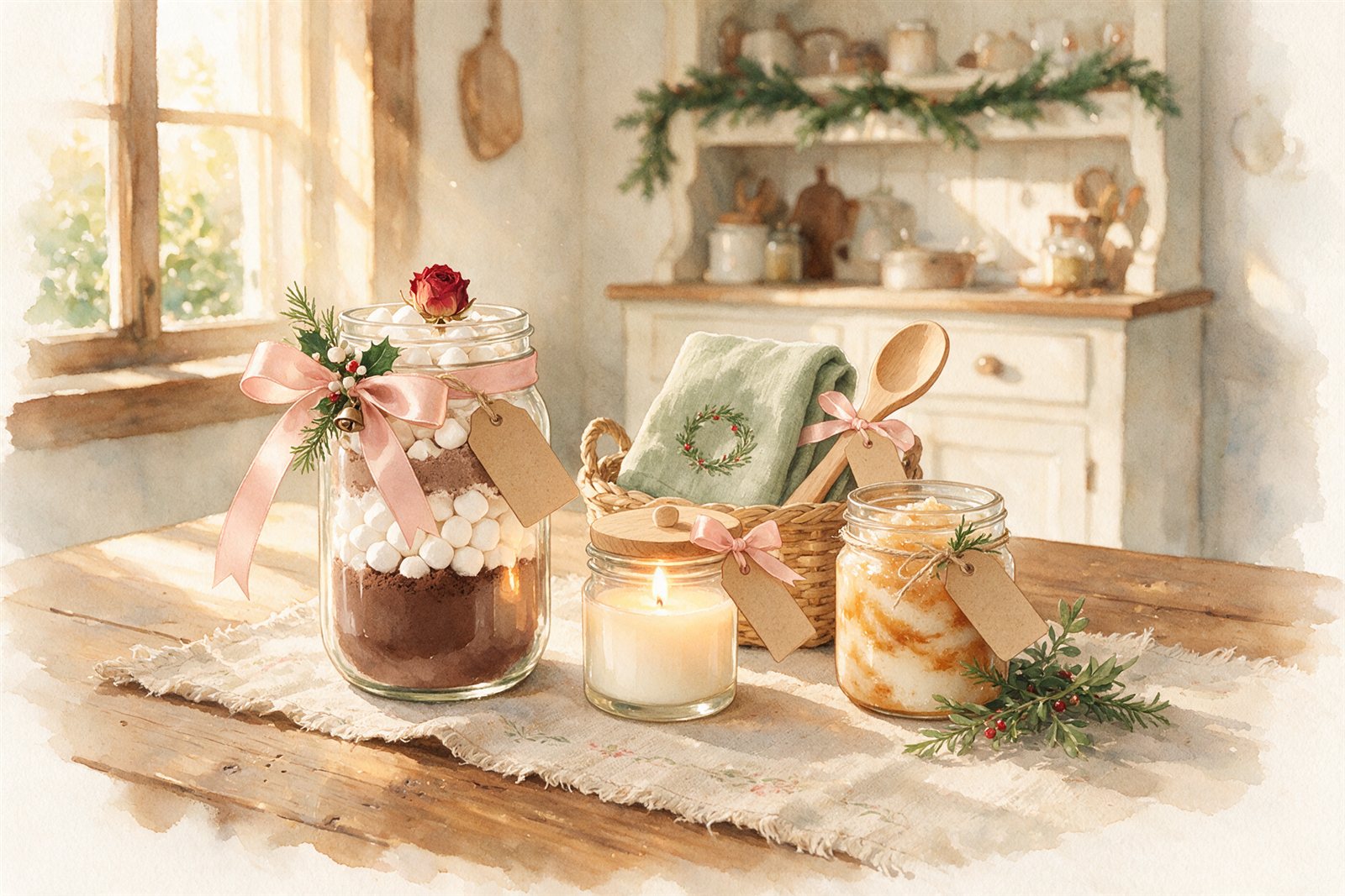 Dollar Tree DIY Christmas gifts on a kitchen table: layered cocoa mix jar, candle in a jar, sugar scrub and a tea towel bundle with a wooden spoon