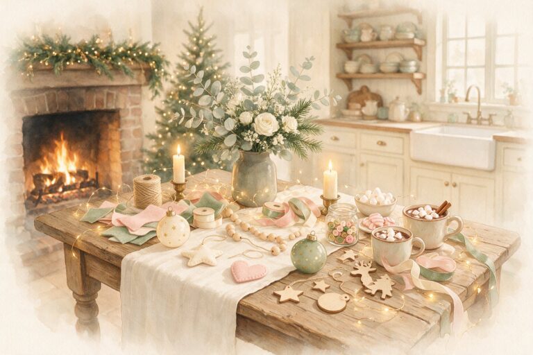 Easy DIY Christmas ornaments for adults: a craft night table with twine, felt, ribbon, wooden beads and cocoa
