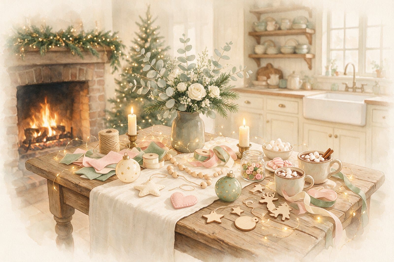 Easy DIY Christmas ornaments for adults: a craft night table with twine, felt, ribbon, wooden beads and cocoa