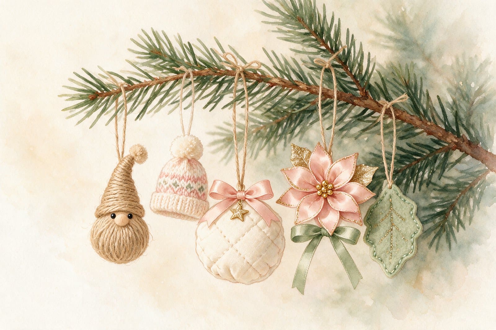 Five easy DIY Christmas ornaments on a branch: twine gnome, mini yarn hat, fabric-square ball, ribbon poinsettia and felt leaf