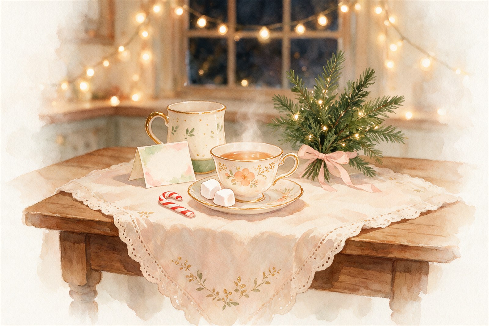 Easy elf idea: a marshmallow tea party set for a small visitor on the kitchen table with a note card, cocoa and a candy cane