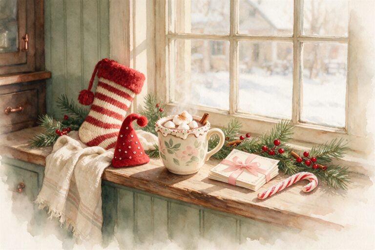 Easy elf ideas: a striped stocking, a small red hat, cocoa with marshmallows, a bundle of note cards and a candy cane on a farmhouse windowsill