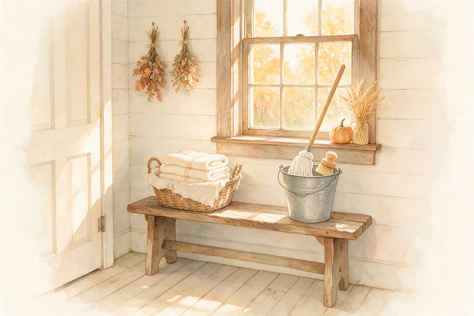 Fall cleaning checklist: a farmhouse entry bench with a basket of clean towels, a mop bucket and a pumpkin on the windowsill