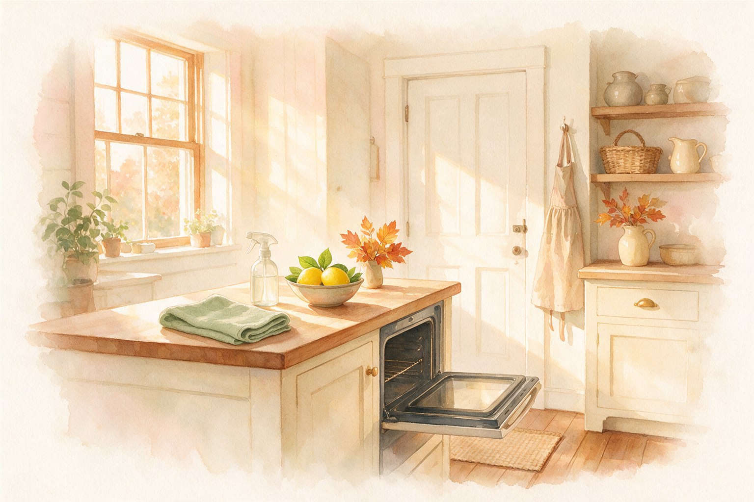 Fall cleaning checklist kitchen day: a clean oven with the door open, a spray bottle, a folded dish towel and a bowl of lemons on the counter