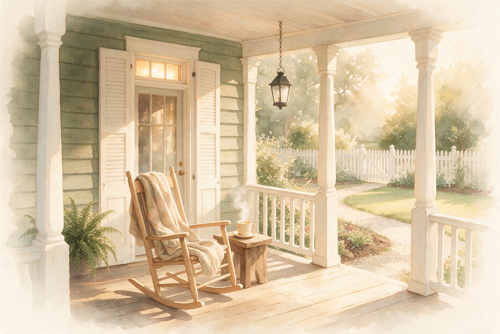 Quiet Southern front porch with a rocking chair and a steaming mug, the five-minute reset after a rough morning